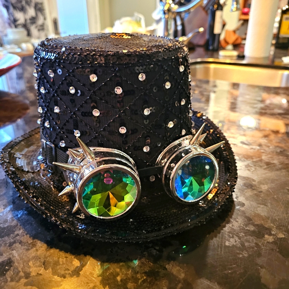 Black Sequin Steam Punk Top Hat with‎ Kaliedscope Goggles